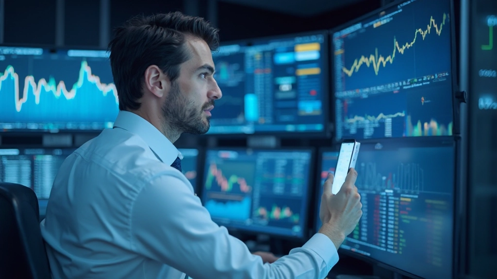 Аналитик исследует рыночные тренды и индексы на мультимониторной системе