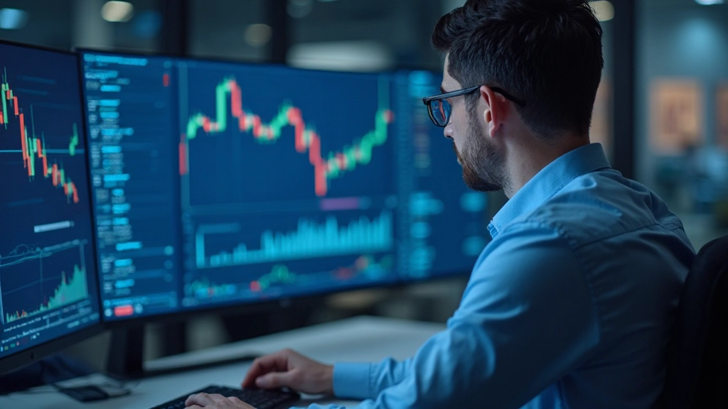 Трейдер анализирует графики фондового рынка Казахстана на экране компьютера