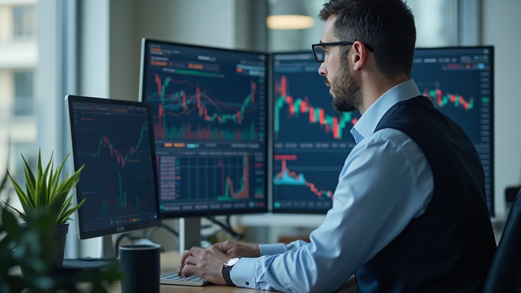 Аналитик изучает графики рыночных тенденций и индексов на рабочем столе